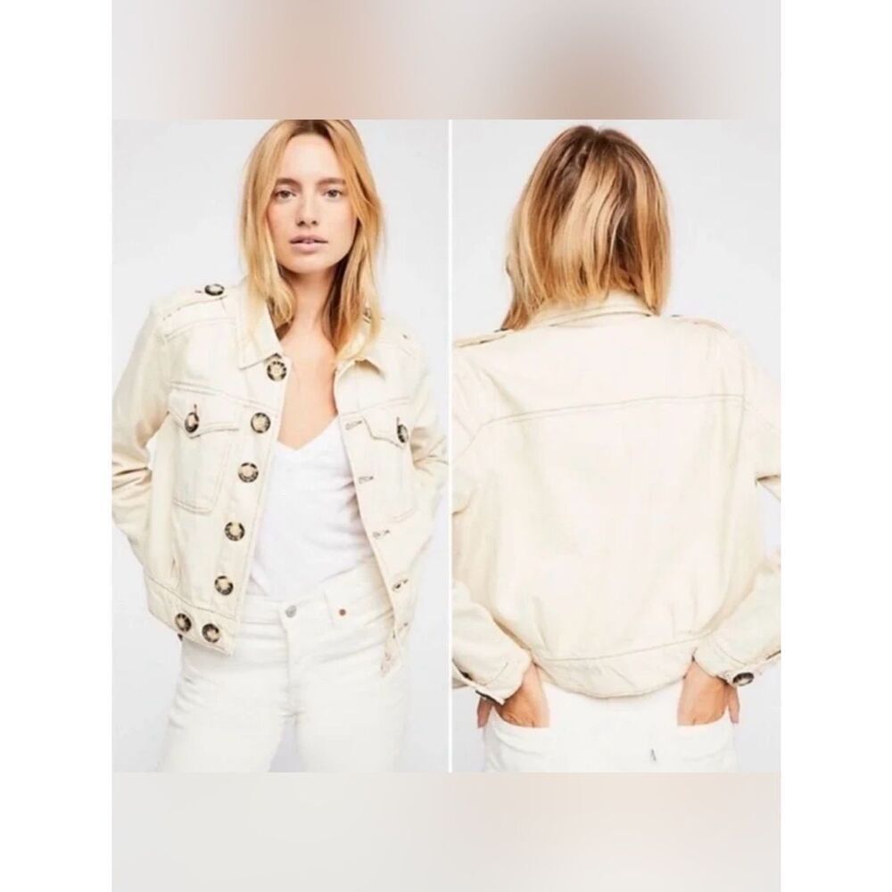Free People 100% Cotton Denim Slouchy Eisenhower Jean Jacket in Ecru Sand (XS)